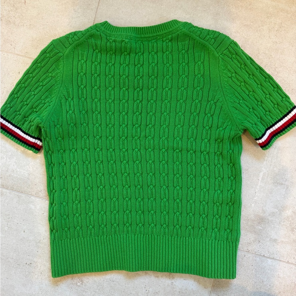 Tommy Hilfiger Kelly Green Cable-Knit Short Sleeve Sweater with Striped Trim /M - Picture 8 of 10